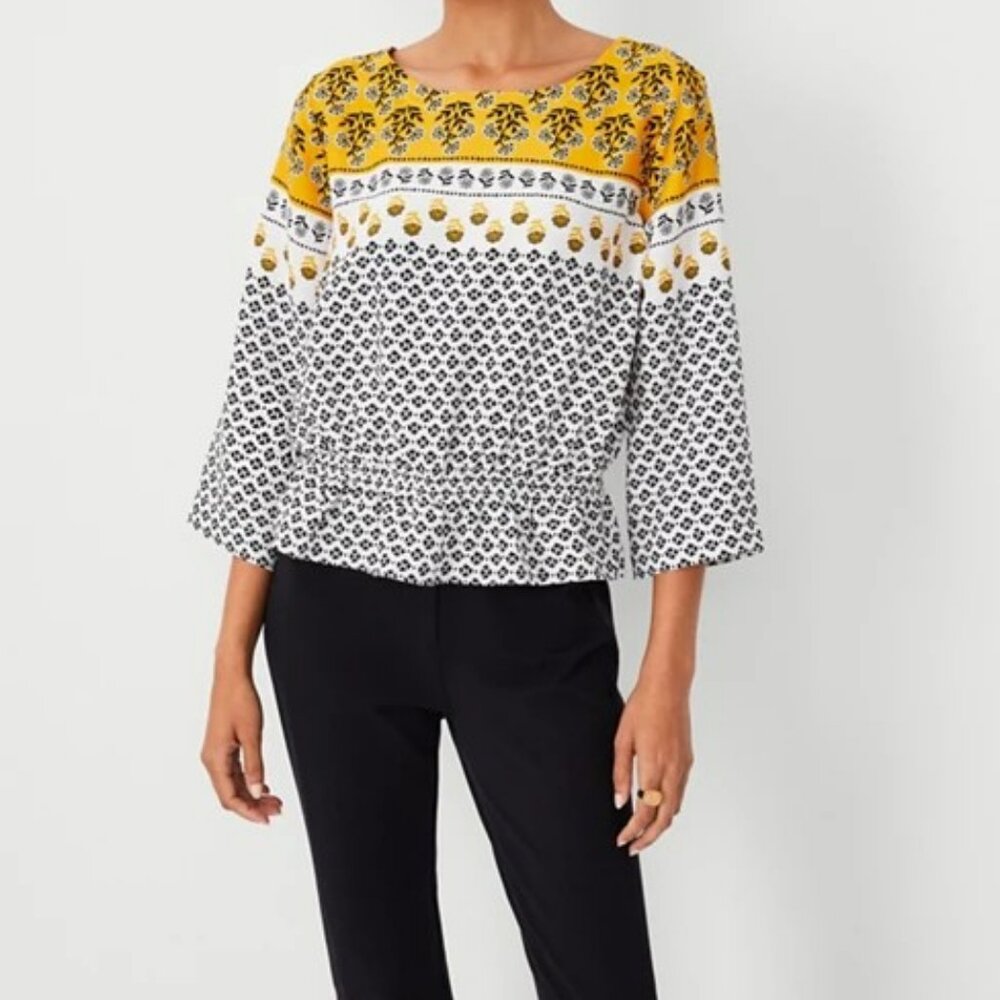 Ann Taylor yellow, black and white printed blouse